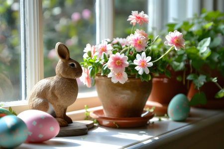 A charming Easter scene featuring a bunny figurine and pastel eggs amongst pink flowers on a sunlit...