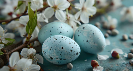 Three light blue Easter eggs adorned with white dots rest among delicate white cherry blossoms on a...