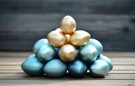 A pyramid of shiny gold and teal eggs sits on a rustic wooden surface. A festive and elegant...