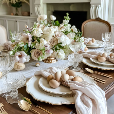A beautifully decorated Easter table setting with a stunning floral centerpiece and pastel-colored...
