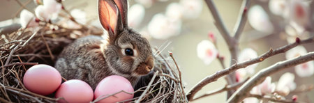 A fluffy baby bunny nestled in a bird's nest with pastel pink Easter eggs, surrounded by blossoming...