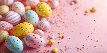 Pastel Easter eggs, candies and sprinkles on pink background.の写真素材