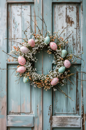 A charming pastel Easter egg wreath adorns a rustic teal door.