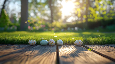 Five decorated Easter eggs sit on a wooden deck, nestled in a sunny spring garden. A joyful celebration of spring!の写真素材