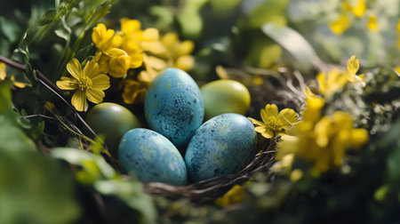 A close-up of pastel-colored Easter eggs nestled in a bird's nest, surrounded by vibrant yellow...