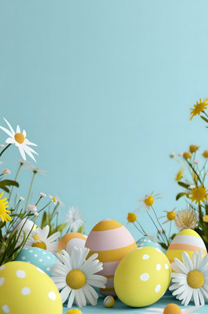 Pastel Easter eggs nestled amongst daisies. A spring scene full of joy and celebration.