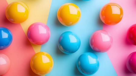 Shiny colorful spheres arranged on a pastel background. A vibrant and playful composition.の写真素材