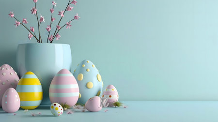 Pastel Easter eggs and delicate blossoms create a joyful springtime scene. Perfect for Easter cards...