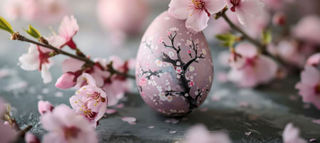 A close-up shot of a pastel pink Easter egg decorated with cherry blossom branches.の写真素材