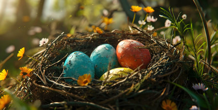 Colorful Easter eggs nestled in a bird's nest surrounded by wildflowers. A spring scene.