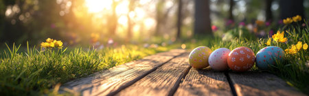 Three decorated Easter eggs rest on a rustic wooden path, bathed in the warm light of a sunset. Spring flowers and lush green grass surround the scene.の写真素材