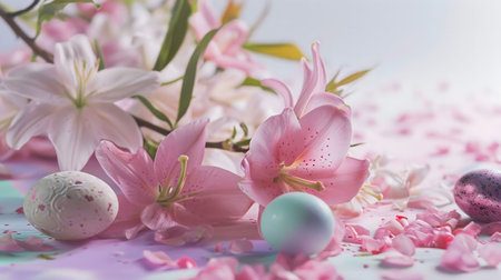 Pink lilies and pastel Easter eggs create a beautiful spring scene. A festive and delicate image perfect for Easter celebrations.の写真素材