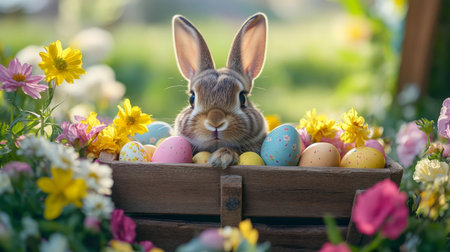 A charming Easter bunny sits surrounded by vibrant painted eggs and a profusion of spring flowers. A...