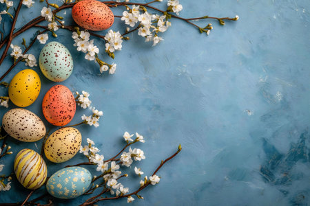 Easter eggs and spring blossoms create a festive arrangement. Perfect for cards or decorations.