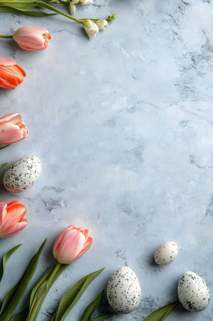 Pink tulips and speckled Easter eggs arranged on a light blue background. Perfect for spring or Easter greeting cards.の写真素材