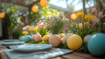 Pastel eggs, daisies, and tulips adorn a charming Easter table setting in a bright garden.の写真素材