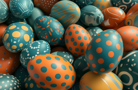 Close-up view of many decorative Easter eggs in teal and orange colors. A festive springtime image.