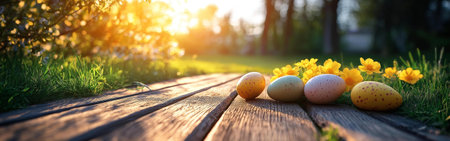 Easter eggs rest on a wooden path, surrounded by yellow spring flowers and bathed in warm sunlight.の写真素材