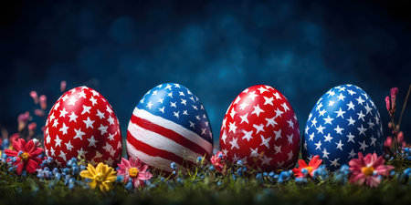 Four eggs decorated with American flag colors and patterns, nestled in grass with flowers. A festive image for Easter.の写真素材