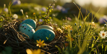 Pastel Easter eggs nestled in a bird's nest, surrounded by wildflowers. A springtime scene.の写真素材