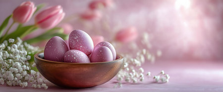 Pink Easter eggs in a wooden bowl surrounded by tulips and baby's breath flowers. Pastel color palette. Springtime celebration.の写真素材