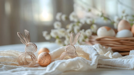A delicate Easter setting featuring two wire bunnies and speckled eggs. Soft lighting and neutral colors create a serene atmosphere.の写真素材