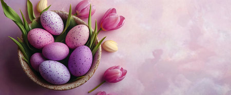 Pastel-colored Easter eggs nestled in a bowl with pink tulips. A springtime scene full of joy and...
