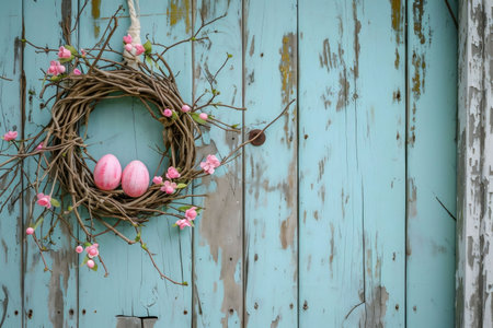 A charming Easter scene featuring a wreath with pink eggs on a rustic door.の写真素材
