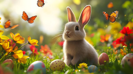 A charming Easter bunny surrounded by colorful spring flowers and butterflies.の写真素材