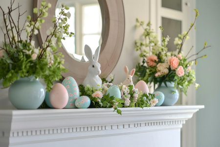 Pastel Easter mantelpiece with bunnies, eggs and flowers. A springtime festive decoration.