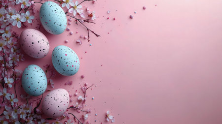 Pastel-colored Easter eggs nestled amongst delicate pink blossoms. A springtime scene of joy and...