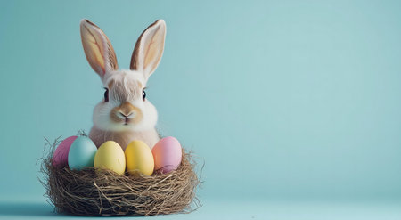 A charming Easter bunny sits in a bird's nest, surrounded by pastel-colored eggs. A perfect spring image.の写真素材
