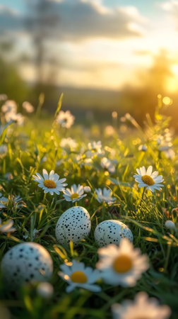 Three speckled Easter eggs nestled amongst daisies in a sun-drenched field.
