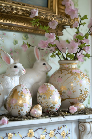 A charming Easter decoration featuring porcelain rabbits, delicate pink flowers, and beautifully...