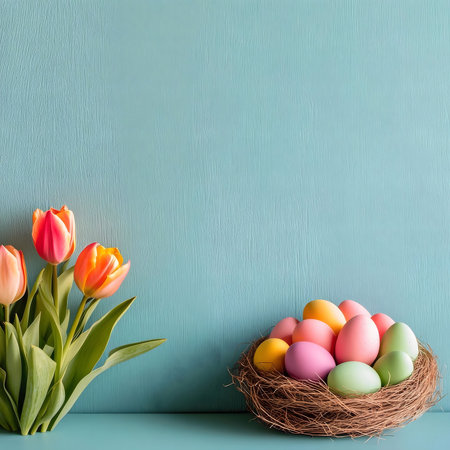 Pastel colored eggs in a nest with orange tulips against a teal background. Perfect for Easter...