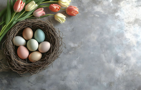 A delightful Easter image featuring pastel eggs in a rustic nest and surrounded by fresh tulips.