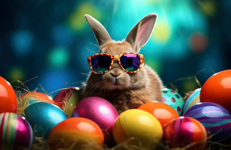 An adorable Easter bunny wearing sunglasses sits amidst a collection of colorful Easter eggs.