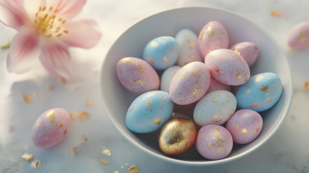 A bowl of pastel-colored Easter eggs decorated with gold leaf sits next to a pink flower.