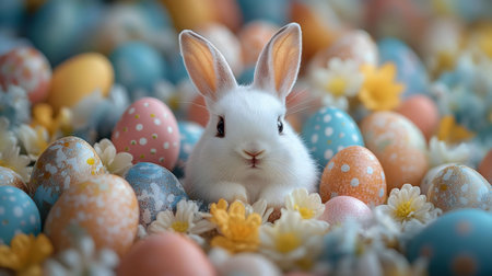 A charming white bunny nestled among pastel Easter eggs and delicate flowers. A perfect springtime...