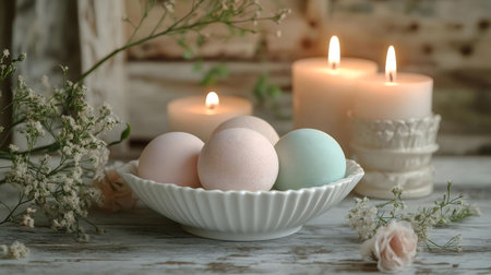 Pastel colored eggs in a white bowl, surrounded by candles and delicate flowers. A peaceful Easter scene.の写真素材
