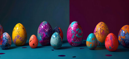 Collection of uniquely painted Easter eggs in various bright colors, arranged on a teal surface.の写真素材