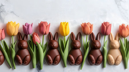 Adorable chocolate bunnies nestled amongst vibrant tulips, creating a delightful Easter scene.
