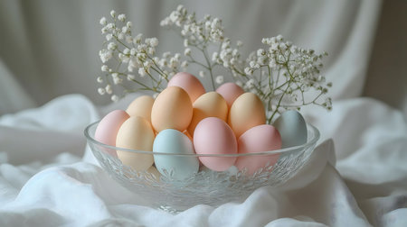 Pastel-colored Easter eggs in a glass bowl, adorned with delicate baby's breath flowers.の写真素材