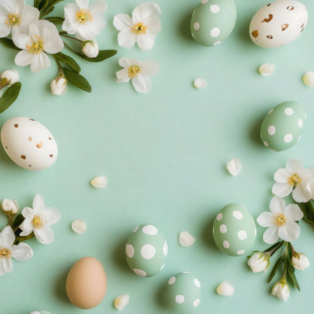 Pastel Easter eggs and delicate white blossoms create a charming spring scene.の写真素材
