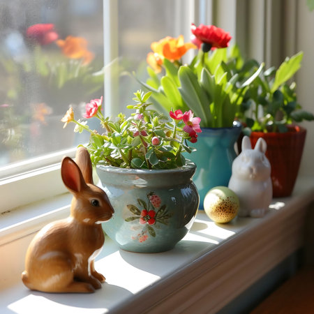 A charming Easter display featuring a bunny figurine and colorful potted flowers basking in sunlight on a windowsill.の写真素材
