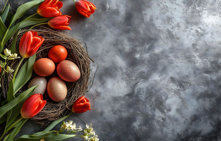 Happy Easter! Festive spring decoration with eggs in a nest surrounded by red tulips and other spring flowers.の写真素材
