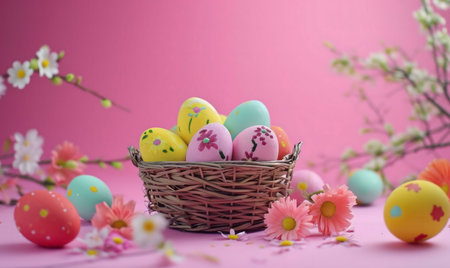 A delightful image of pastel-colored Easter eggs decorated with flowers in a wicker basket,...