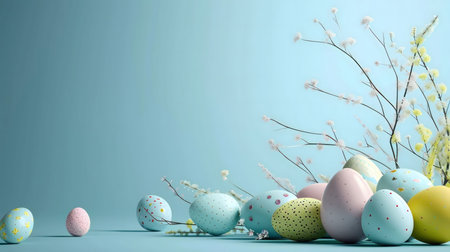 Pastel Easter eggs nestled among delicate spring blossoms. A cheerful springtime scene.