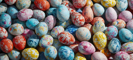 A vibrant display of hand-painted Easter eggs in a multitude of colors and patterns.の写真素材