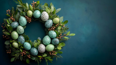 A lovely Easter wreath made of green leaves and speckled eggs.の写真素材